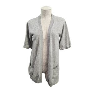 LOFT M 100% Cashmere Cardigan Sweater Short Sleeve Open Front Gray Pockets comfy